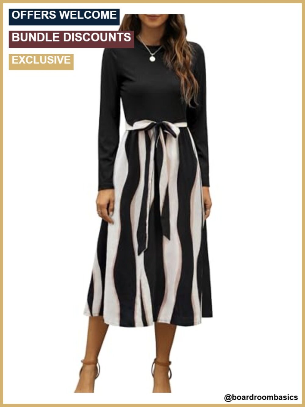 Business Casual Midi Dress with Pockets - Long Sleeve Fall Work Dress